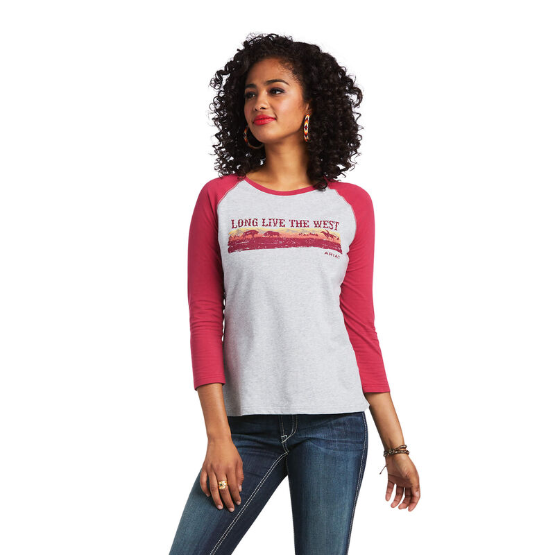 Ariat T-Shirts Damen - Real Long Live Baseball Grau/Rot ( OMVHI-7846 )